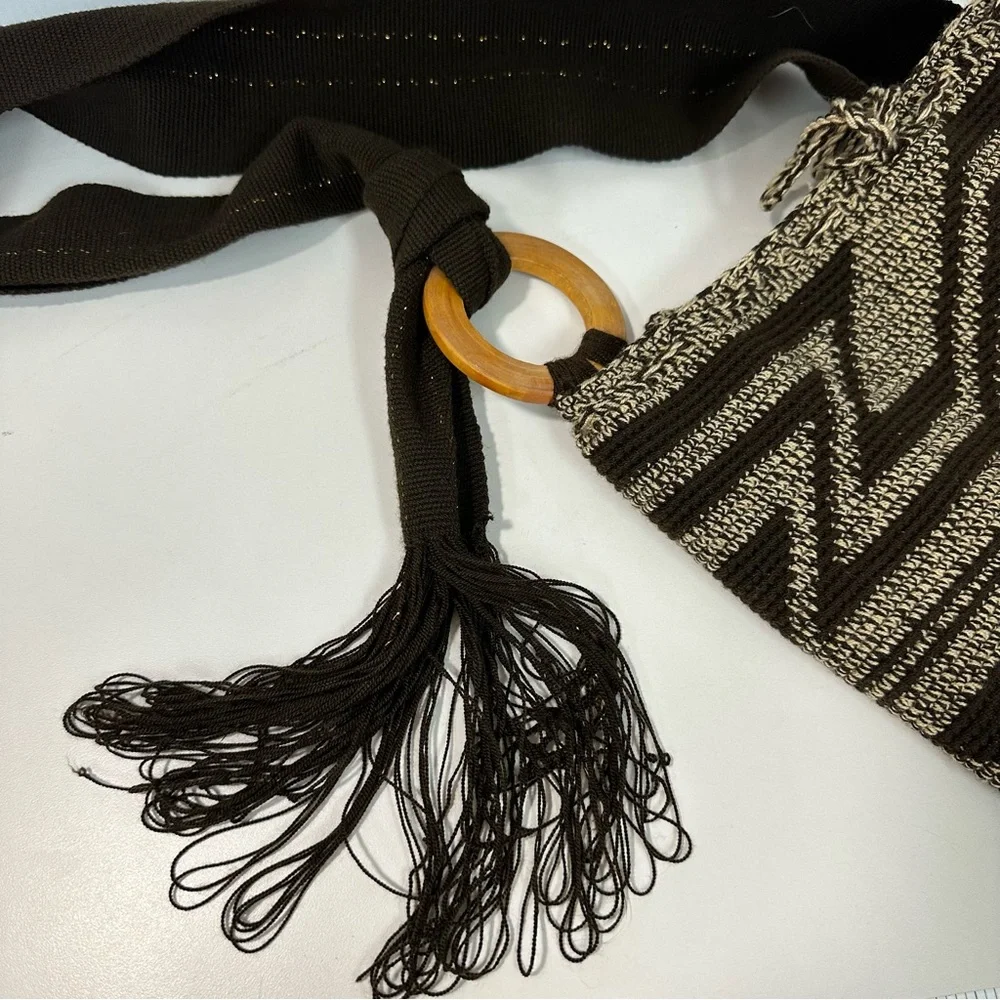 HIPPIE Bucket Bag 16X12x9 Brown Geometric 20”AdjStrap Woven Drawstring Y2K